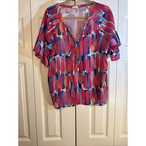 BIBI Women's Size Medium Pink Ruffle Sleeve V-Neck With Buttons